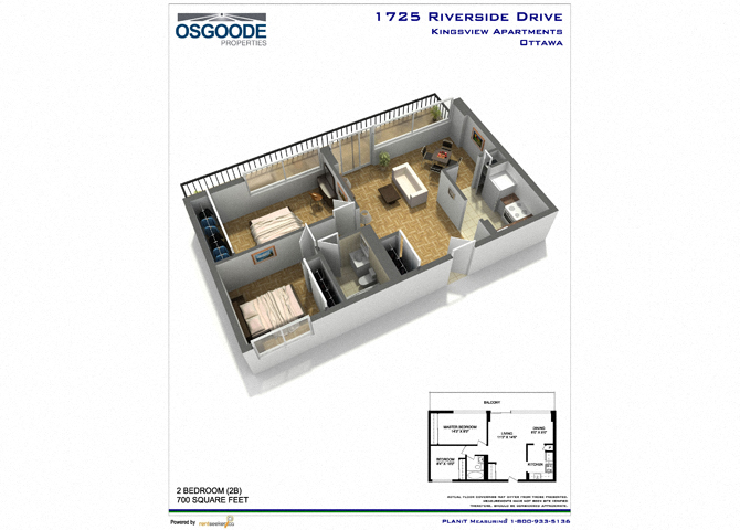Floor plan for 2 beds, 1 bath, 700 sqft